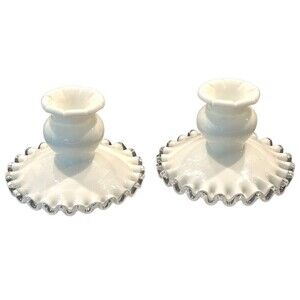 Vintage FENTON Silver Crest Milk Glass Candle Holder (Set of 2) ~ 3”h